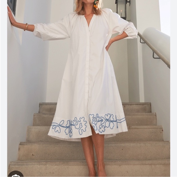 LAKE Dresses & Skirts - White Maxi Shirt Dress with Blue Embroidered Hem